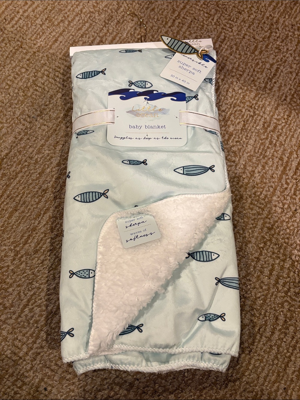 Baby Blanket - Light Blue with Navy Fish reversible, super soft Sherpa 30x40